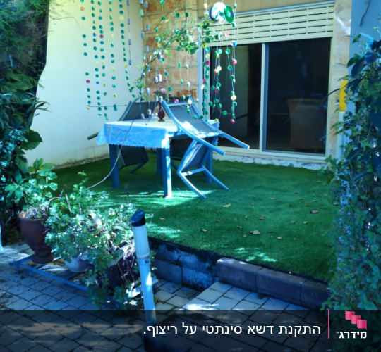 עציצים עם צמחים ירוקים על דשא מלאכותי